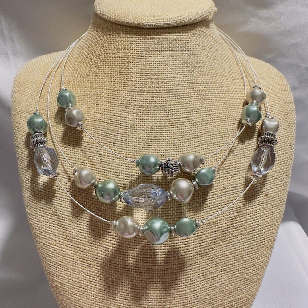 Bib Wire Necklace Pearl Green & Silver Clear Beads Silver Tone 3 Layered Strands